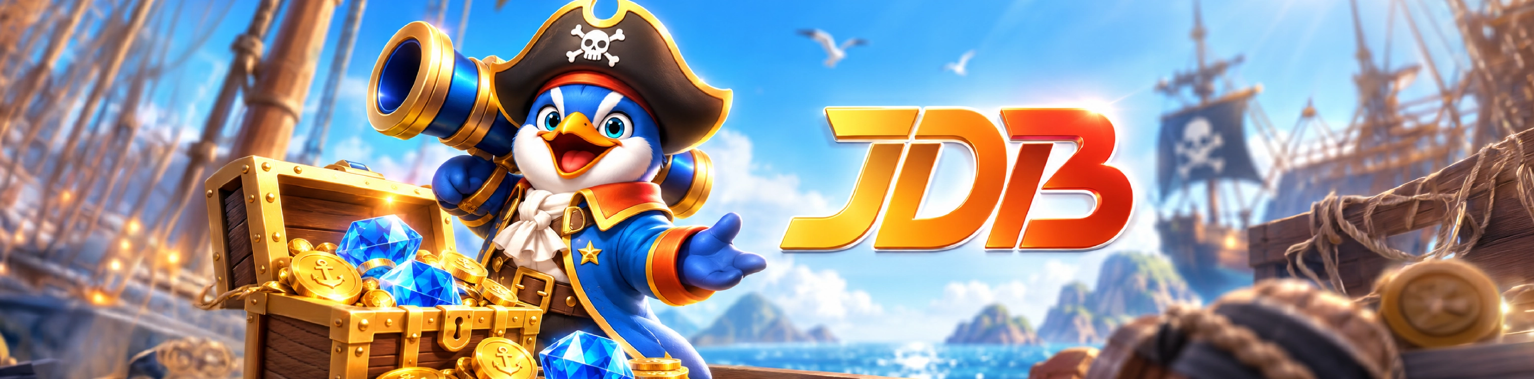 JDB pirate penguin mascot with a treasure chest and pirate ships
